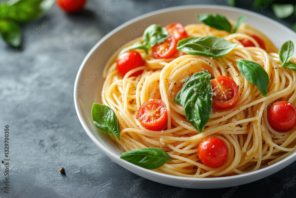 Bowl of spaghetti with fresh tomatoes and basil. Bowl of spaghetti with fresh tomatoes and basil.
