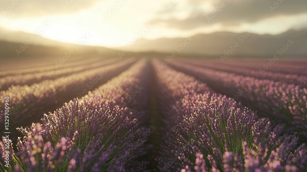 Naklejka premium Golden Hour Lavender Field Rows of Purple Flowers at Sunset