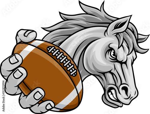 Horse mustang bronco stallion American football angry sports team mascot holding a ball.