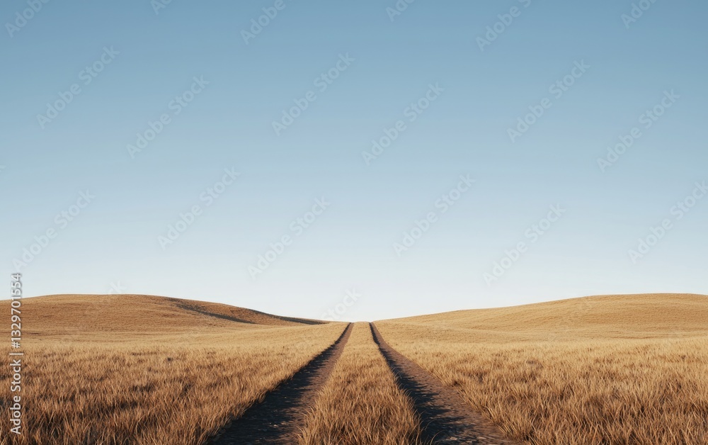 Fototapeta premium Dirt Road Through Golden Field Under Blue Sky