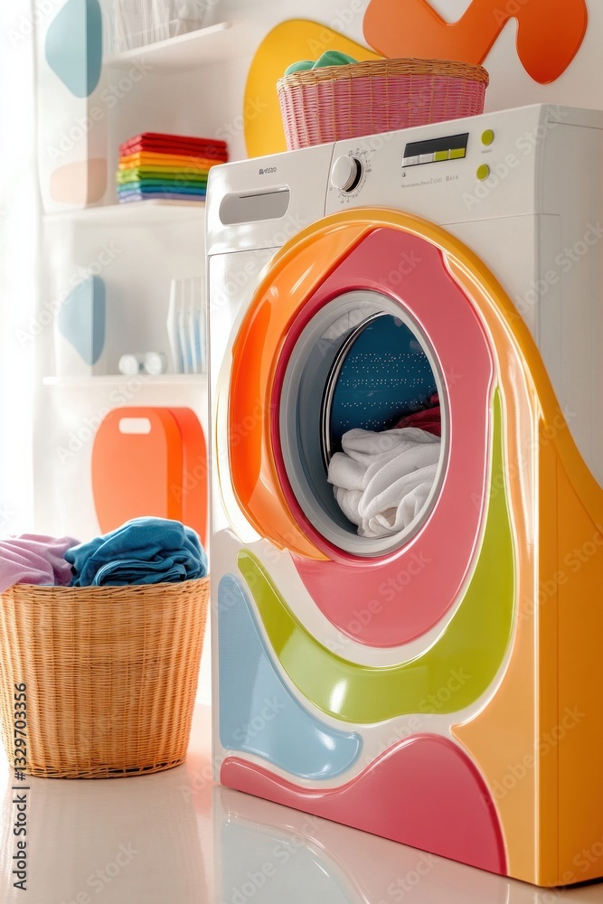 Fototapeta premium Colorful retro washing machine with laundry basket in bright laundry room.
