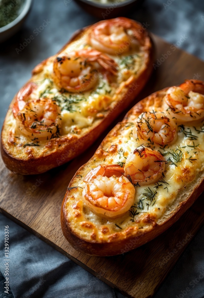 Delicious Shrimp Toasts with Melted Cheese and Herbs on Wooden Board Delicious Shrimp Toasts with Melted Cheese and Herbs on Wooden Board
