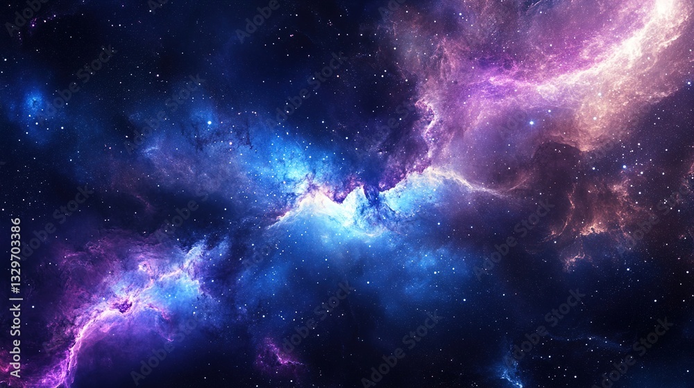 Fototapeta premium A cosmic nebula-inspired background with swirling deep blues, purples, and bright white specks, resembling a celestial space scene, cutout isolate white background 