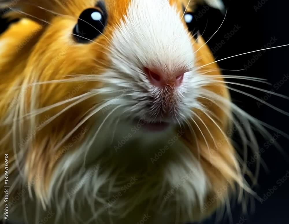 Close-up of a fluffy guinea pig with vibrant fur against a dark backdrop Close-up of a fluffy guinea pig with vibrant fur against a dark backdrop