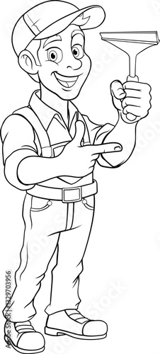 A window cleaner or car wash cartoon mascot man holding a cleaning squeegee and pointing