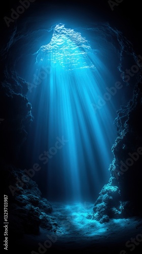 A dark underwater tunnel reveals faint light illuminating the depths