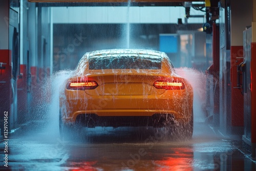 A car getting washed at an automatic car wash. 