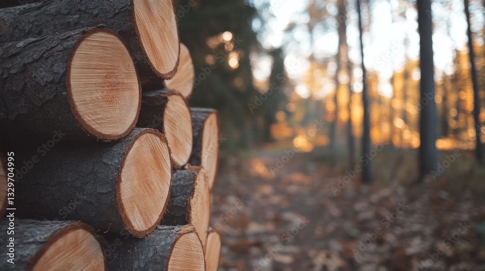 Stacked logs in autumn forest with soft sunlight. Stacked logs in autumn forest with soft sunlight.