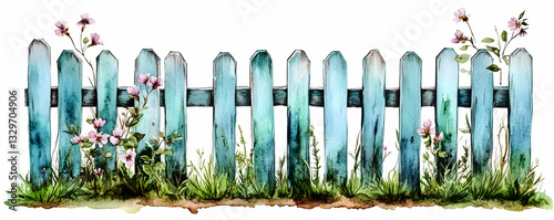 Rustic blue fence, wildflowers, spring. Garden decor