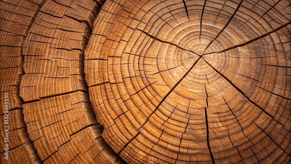 Fototapeta premium A Captivating Cross-section Of A Tree Trunk Revealing Natures Intricate Growth Rings, Showcasing The Passage Of Time And The Beauty Of Weathered Wood In Rich, Warm Tones