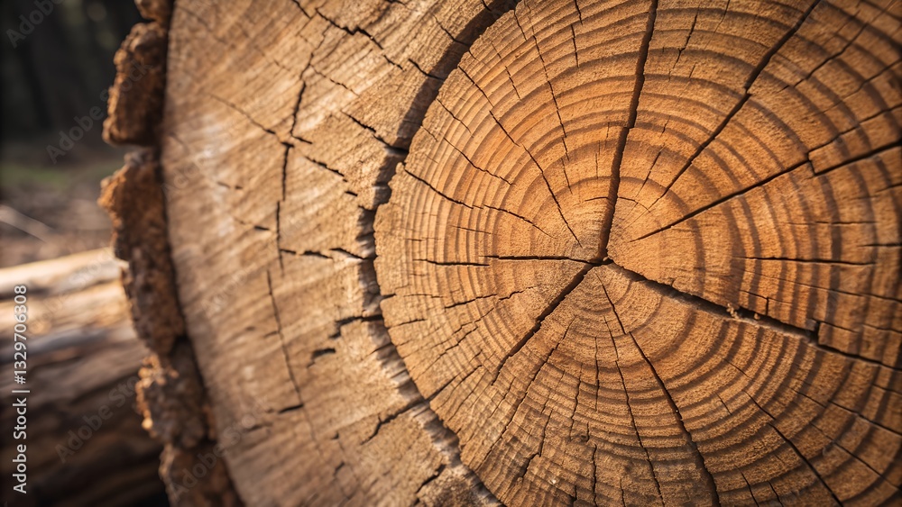 Naklejka premium A Felled Trees Cross-section Reveals Its Silent Story, Years Etched In Concentric Rings, Bathed In Warm Sunlight