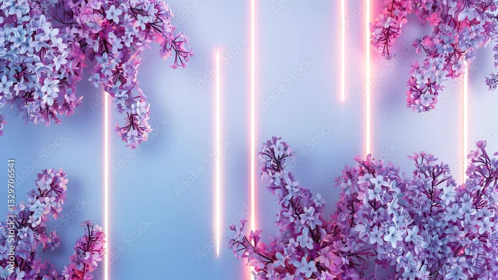 A pink and purple background with neon lights and flowers. The flowers are pink and purple and are arranged in a way that they look like they are growing out of the wall