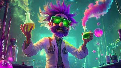A mad scientist with vibrant purple hair conducts experiments in a glowing laboratory, surrounded by bubbling concoctions.
