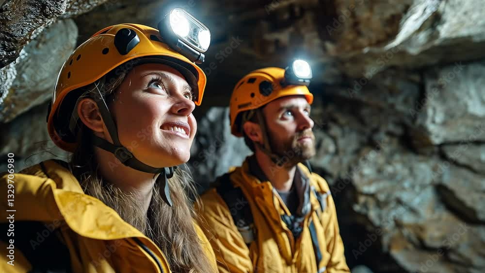 People investigating a rough cave while donning helmets and headlamps People investigating a rough cave while donning helmets and headlamps