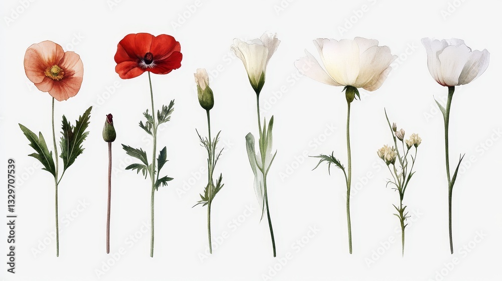 Obraz premium Watercolor Flower Set Isolated on White - Elegant watercolor painting of various flowers, symbolizing beauty, nature, tranquility, growth, and springtime. Perfect for design projects