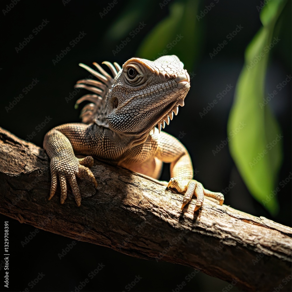 Fototapeta premium Close-up View of a Lizard on a Branch in Natural Habitat with Lush Green Leaves Background