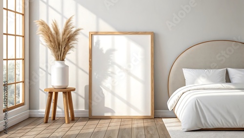 Mockup big frame in bedroom.  big wooden frame poster, light bohemian room, e-commerce product advertisement, mirror mockup, product display, ads, 