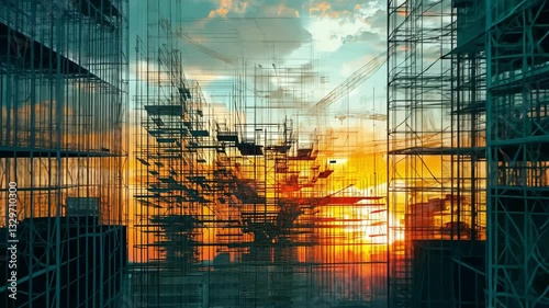 Futuristic City Under Construction at Sunset with Digital Wireframe Structures and Tower Cranes