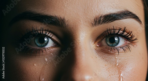 Close up of a young woman with striking teal eyes crying tears streaming down her face Dramatic lighting enhances the emotional intensity