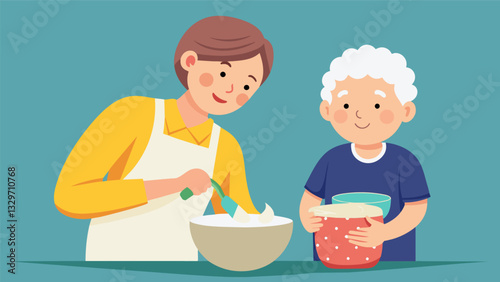 A closeup shot of a grandmother and her grandsons hands working together as they carefully pour batter into a cake pan.. Vector illustration