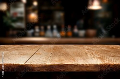 Empty wooden table top with blurred bar background for product placement