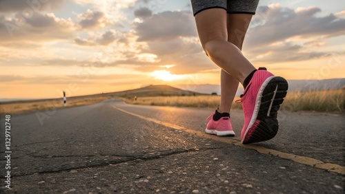 A Runners Journey At Sunset, Embracing The Open Road And The Promise Of A New Day, With Warm Golden Light And A Blurred Countryside Background