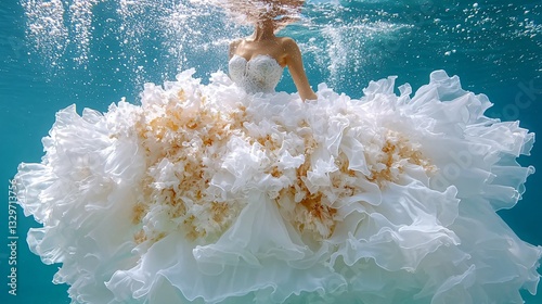 Elegant underwater shot of a bride in a flowing white wedding dress surrounded by shimmering water