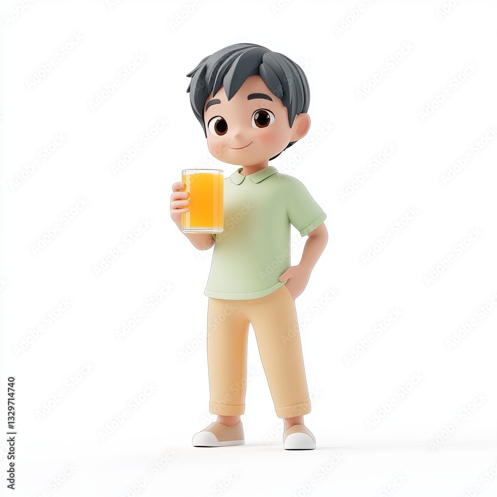 Adorable Cartoon Boy with Orange Juice - Delightful 3D Character Illustration Adorable Cartoon Boy with Orange Juice - Delightful 3D Character Illustration