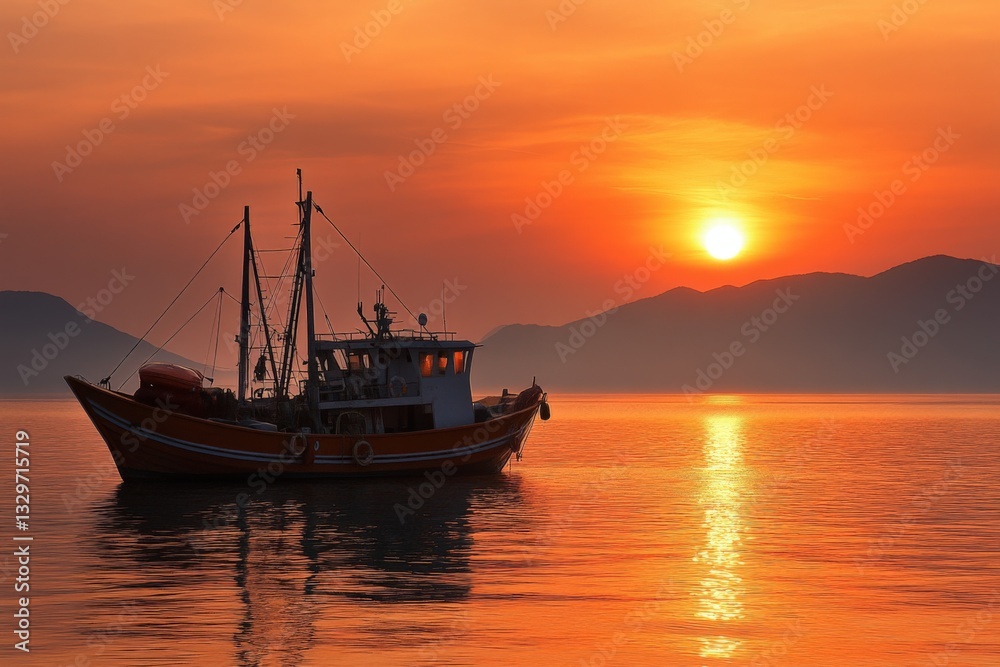 Fishing boat anchored on calm waters during a stunning sunset behind distant mountains Fishing boat anchored on calm waters during a stunning sunset behind distant mountains