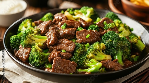 Delicious stir-fried beef with broccoli served in a vibrant dish at a cozy restaurant during dinner time