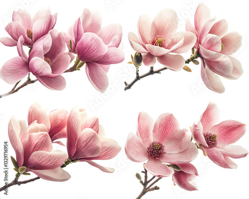 Stunning Closeup of Four Pink isolated on Transparent Background Magnolia Blossoms photo