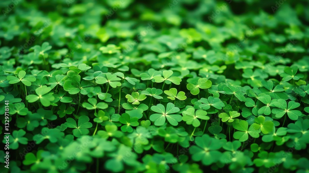 Obraz premium In the heart of a vibrant garden, abundant clover plants flourish, their vivid green leaves shimmering under the warm sun on a delightful early spring afternoon