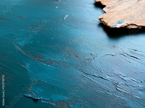 Teal painted surface with peeling cardboard corner, DIY background