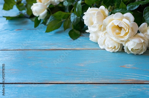 White roses on blue wood background, floral greeting card