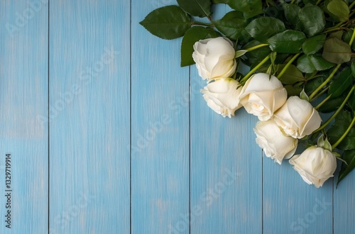 White roses on blue wood background, copy space