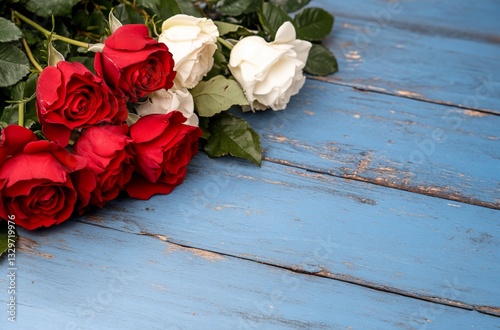Red & white roses on rustic blue wood table, love & romance