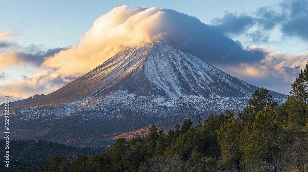 Fototapeta premium A high mountain peak dusted with snow and wreathed in wisps of dramatic clouds --chaos 20 --ar 16:9 --quality 2 --v 6.1 Job ID: a032b057-f2b5-4ba6-ad7d-862a4abe3134