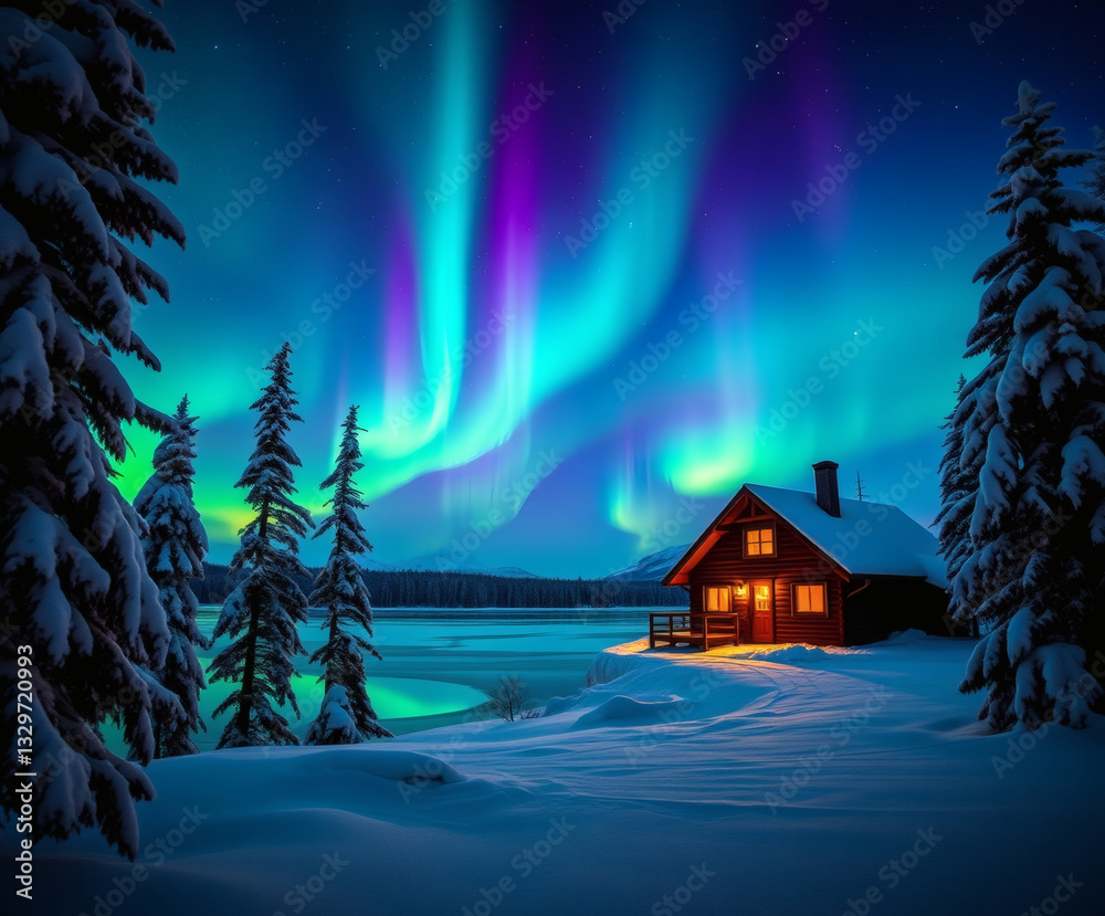 Fototapeta premium Majestic northern lights illuminate a cozy cabin by a frozen lake in the serene winter landscape