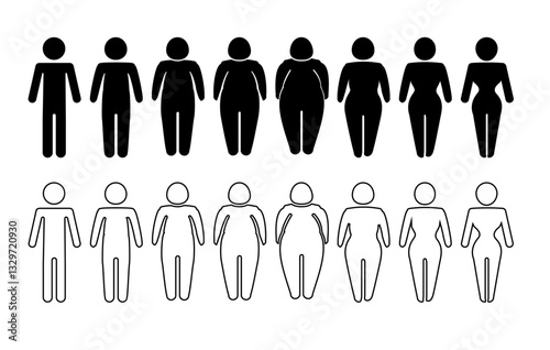 A man or woman diets and exercises from fat to fitness series frontal view. Figure and size person, body index mass. Vector