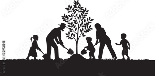 Man woman children planting tree silhouettes