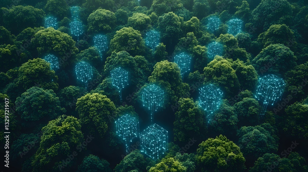Obraz premium Futuristic smart forest with AI-driven technology optimizing carbon offset and conservation strategies