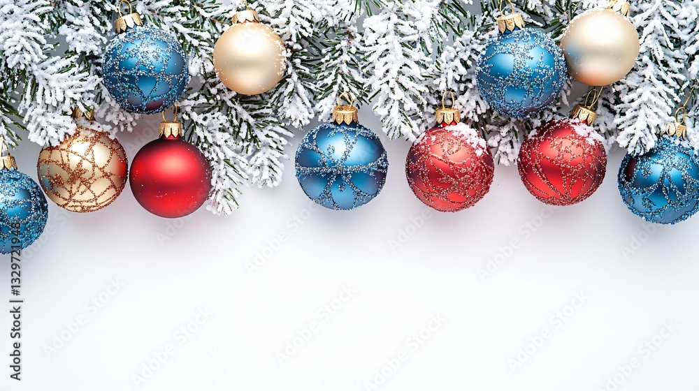 Christmas Ornaments on Snowy Branches Christmas Ornaments on Snowy Branches