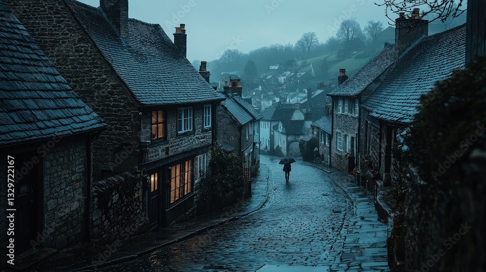 Obraz premium A solitary figure walks down a rain-slicked cobblestone street in a quaint village, surrounded by aged stone buildings under a misty, atmospheric sky.