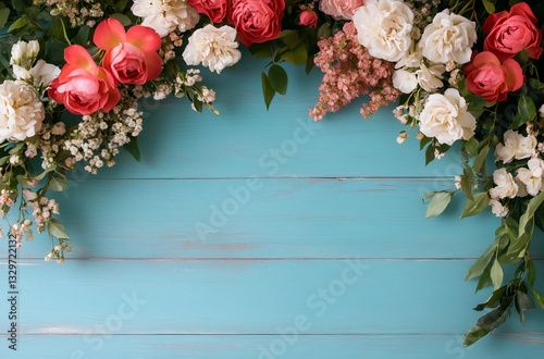 Floral border on teal wood background, copy space for spring themes