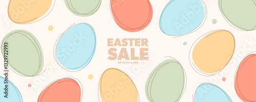 Easter Sale. Commercial banner with color Easter eggs for Easter Day discount shopping advertising. Vector illustration.