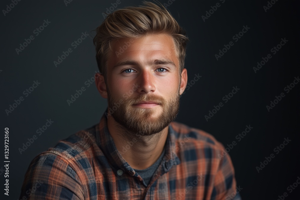 QA engineer. A young man with a beard and tousled hair, wearing a plaid shirt, looking directly at the camera with a calm expression against a dark background. QA engineer. A young man with a beard and tousled hair, wearing a plaid shirt, looking directly at the camera with a calm expression against a dark background.