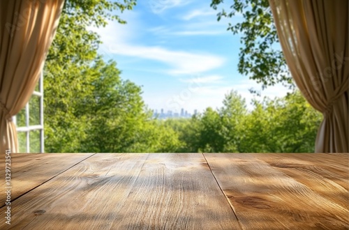 Wooden table by open window overlooking cityscape and forest