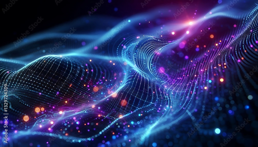 Obraz premium Futuristic Cyber Wave Glowing Particles and Motion Dots in a Neon Digital Landscape