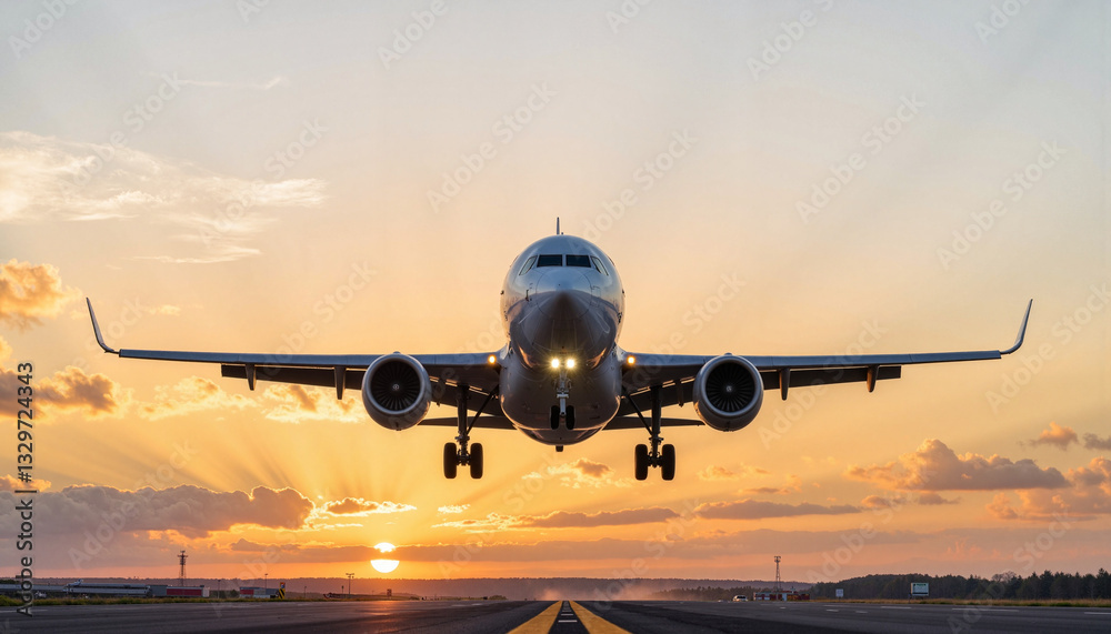 Airplane landing at sunrise with dramatic light, aviation journey Airplane landing at sunrise with dramatic light, aviation journey