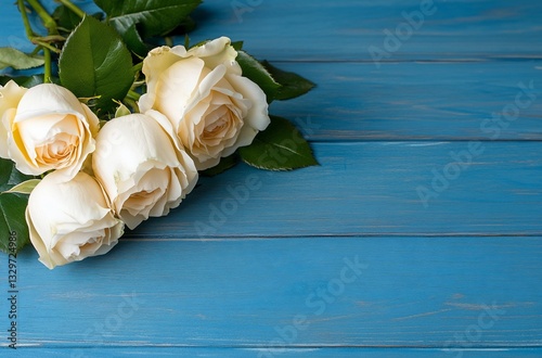 White roses on blue wood table, copy space
